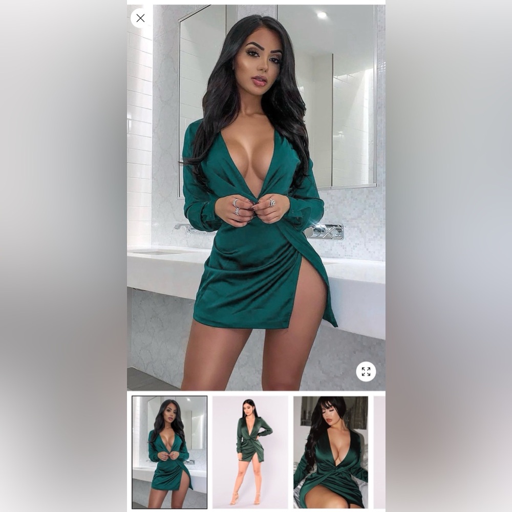 SOLD Deep V Emerald Green Satin Wrap Mini Dress